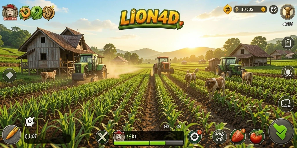 Screenshot utama LION4D menampilkan gameplay seru bercocok tanam.